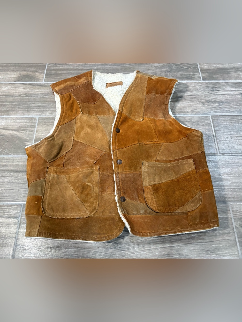 1970's Vintage Leather Vest Suede Patchwork Western Boho Hippy Sherpa Medium 44